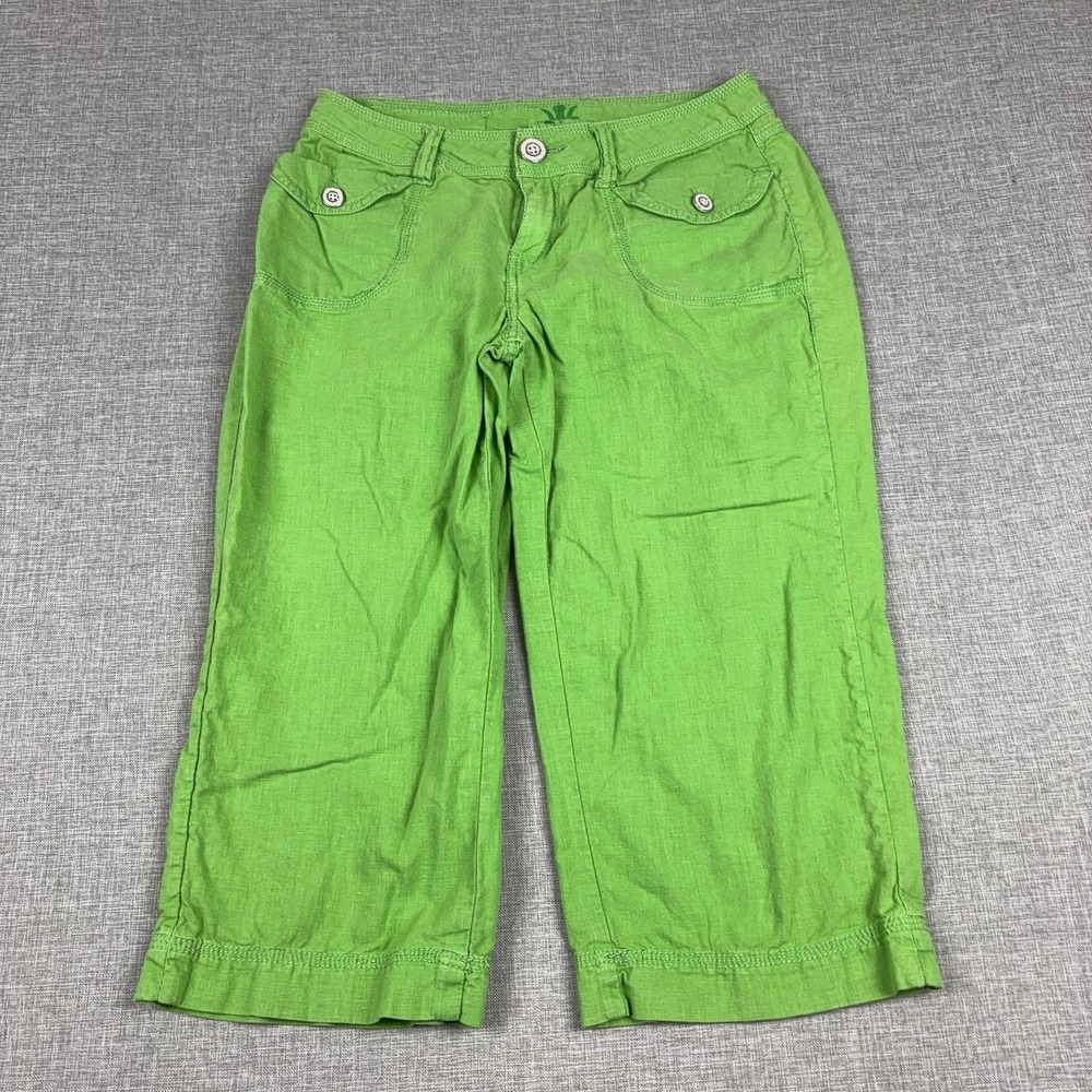 WORN Linen Blend Capri Pants Womens 4 Green Twill Cuffed Pockets Lightweight